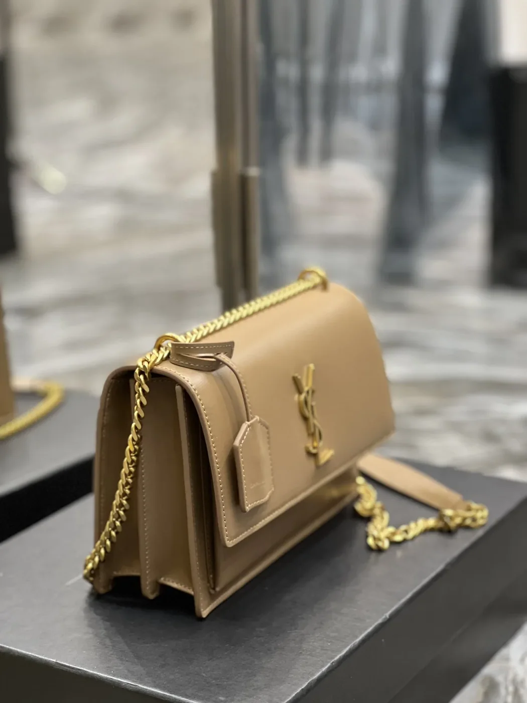 Saint Laurent Sunset Chain Medium Crossbody Bag in Dark Beige Gold Hardware