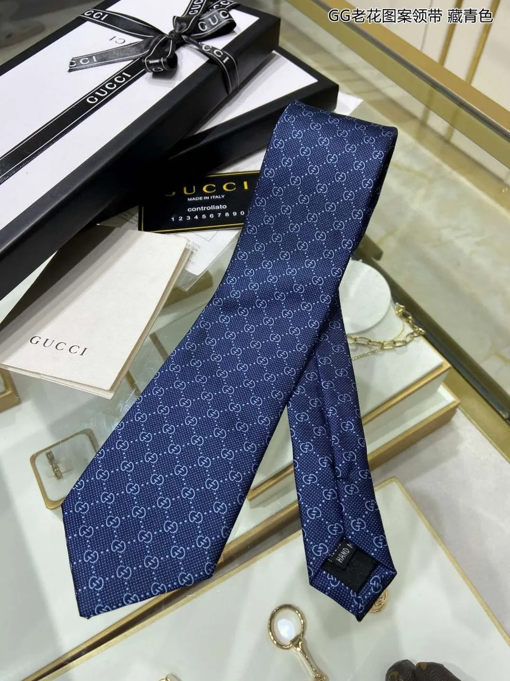 Gucci Pattern Silk Tie Navy Blue Gucci Pattern Silk Tie Navy Blue
