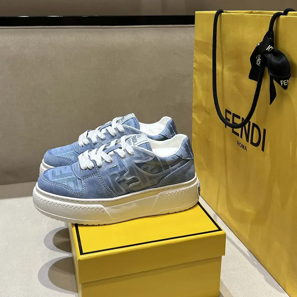 Fendi Match Denim-effect FF Jacquard and Light Blue Suede Platform Low Tops for Women