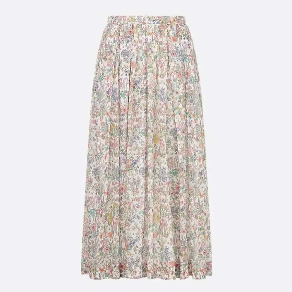 Dior Mid-Length Flared Skirt Cotton Muslin with Multicolor Dior Flowers Calendar Allover Motif for Women Dior Mid-Length Flared Skirt Cotton Muslin with Multicolor Dior Flowers Calendar Allover Motif for Women