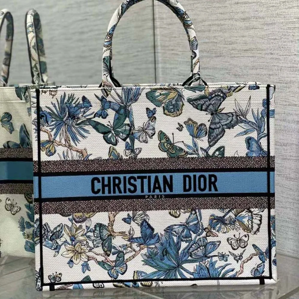 Dior Large Dior Book Tote White and Pastel Midnight Blue Toile de Jouy Mexico Embroidery for Women