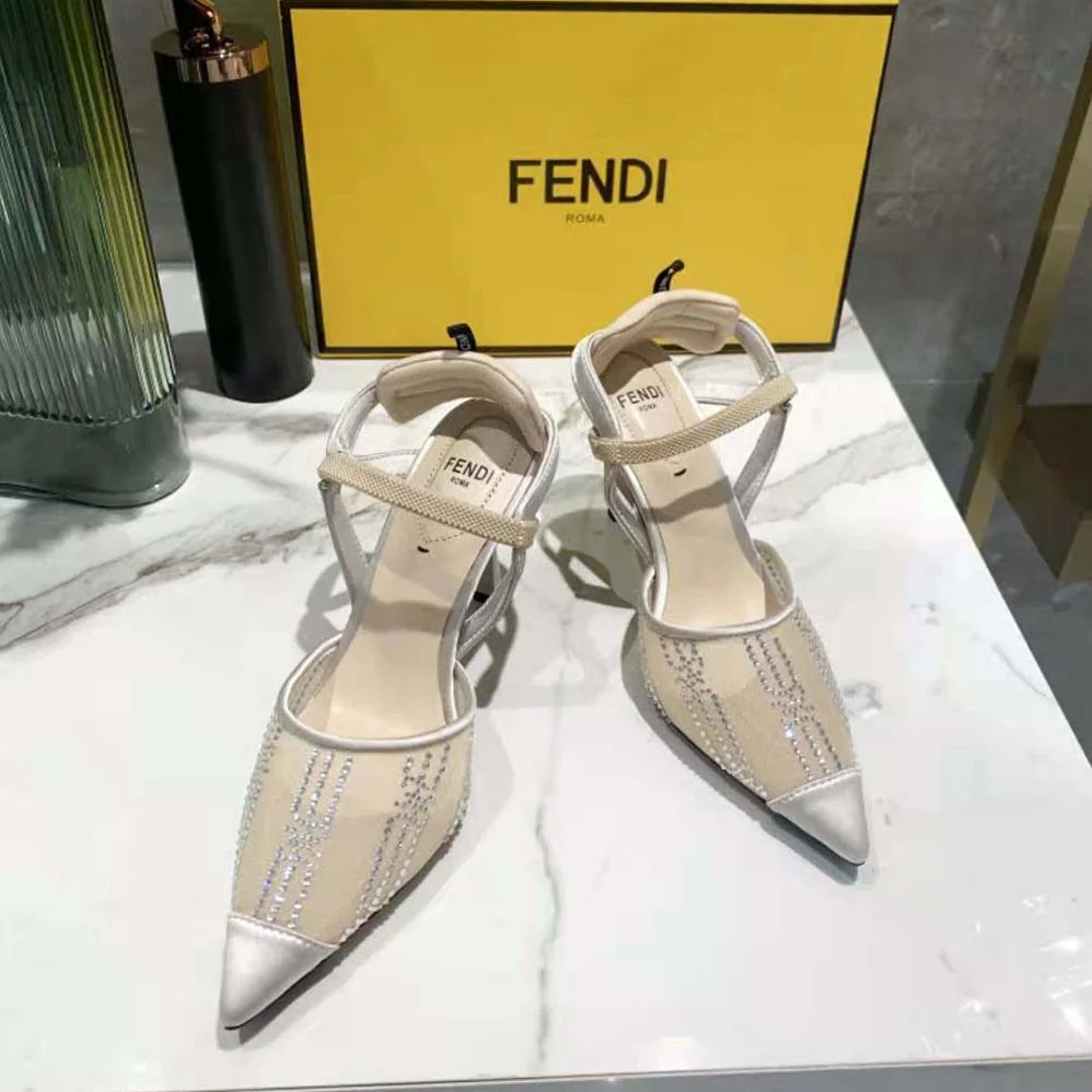 Fendi Colibri Pink Mesh High-Heeled Slingbacks with Rhinestone Embroidery for Women Fendi Colibri Pink Mesh High-Heeled Slingbacks with Rhinestone Embroidery for Women