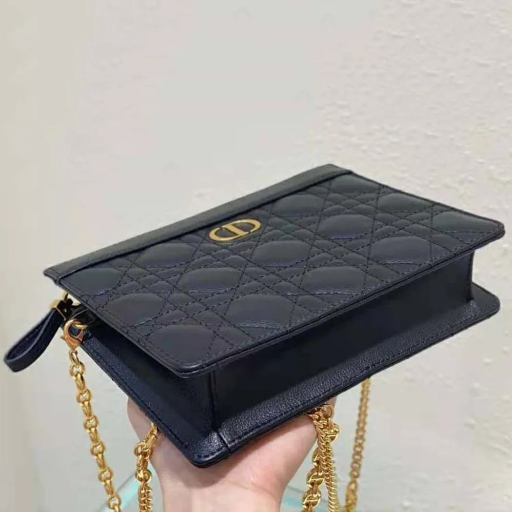 Dior Caro Zipped Pouch with Chain Black Supple Cannage Calfskin for Women