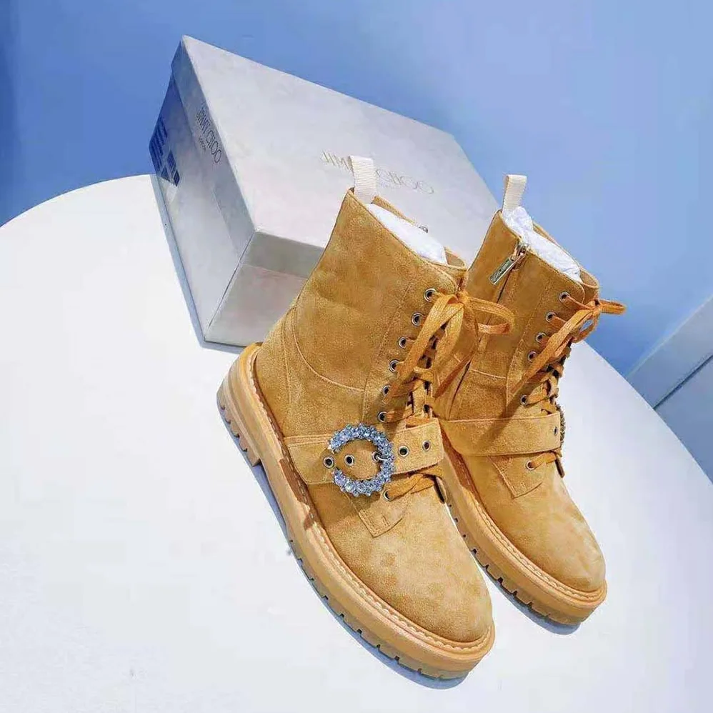 Jimmy Choo Cora Flat/Crystal Caramel Suede Combat Boots with Crystal Buckle for Women Jimmy Choo Cora Flat/Crystal Caramel Suede Combat Boots with Crystal Buckle for Women