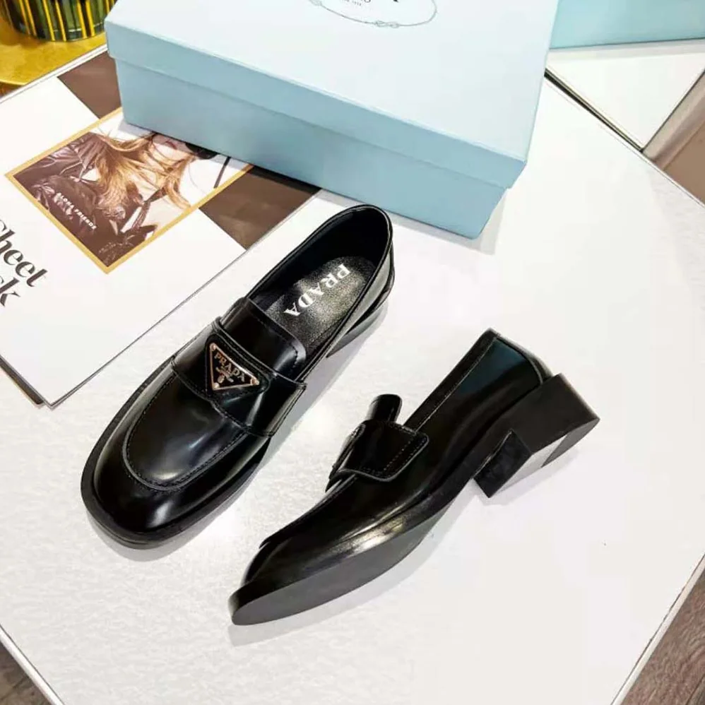 Prada Brushed Leather Loafers for Women in Black