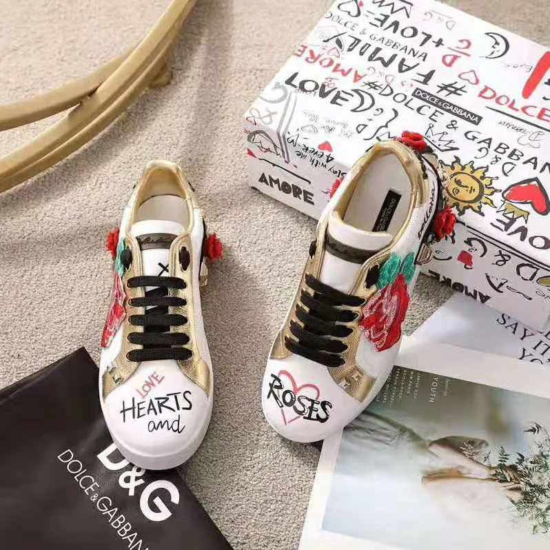 Dolce Gabbana D&G Sneakers in Printed Nappa Calfskin with Applications for Women in White