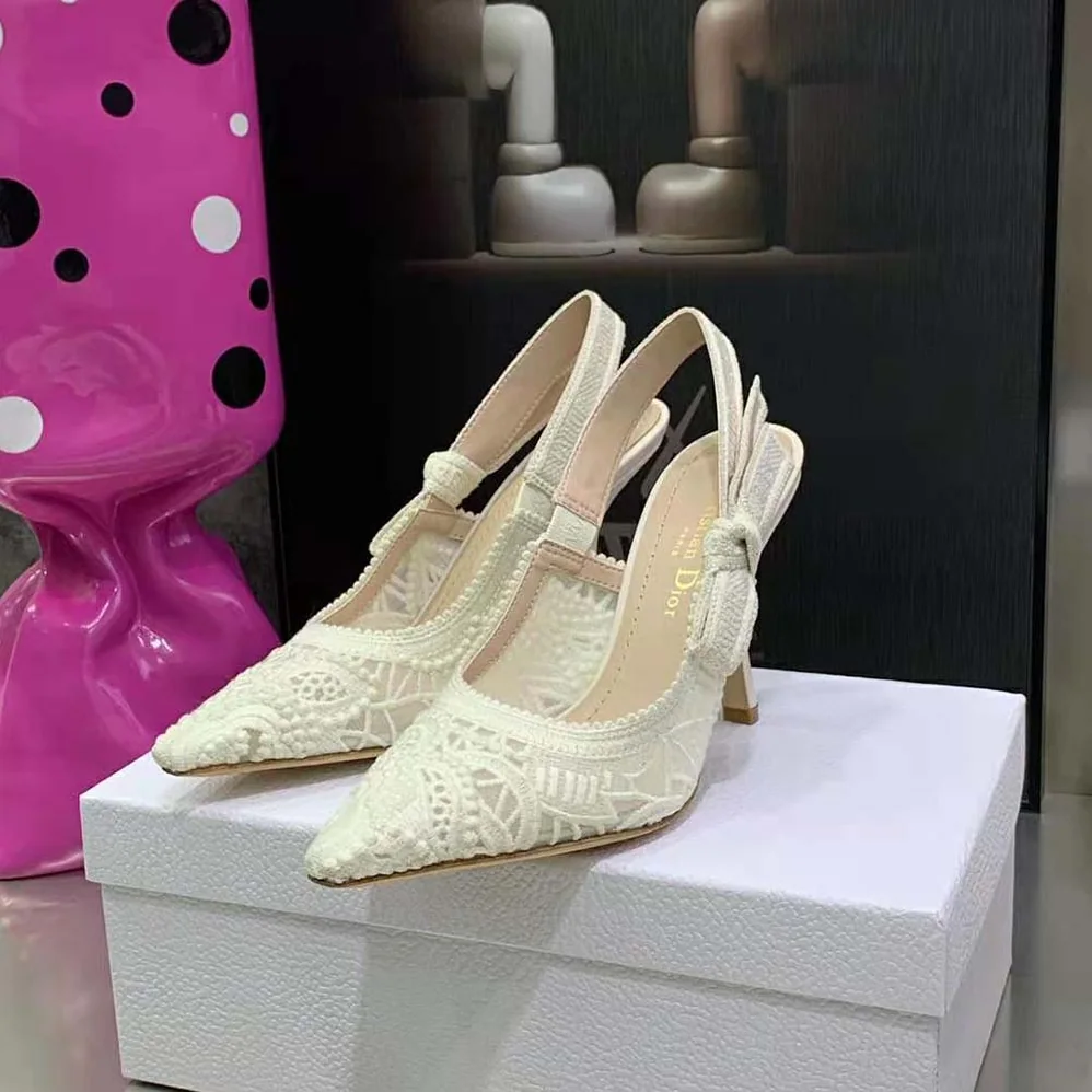 Dior J Adior Slingback Pump White Macramé Embroidered Cotton for Women Dior J Adior Slingback Pump White Macramé Embroidered Cotton for Women