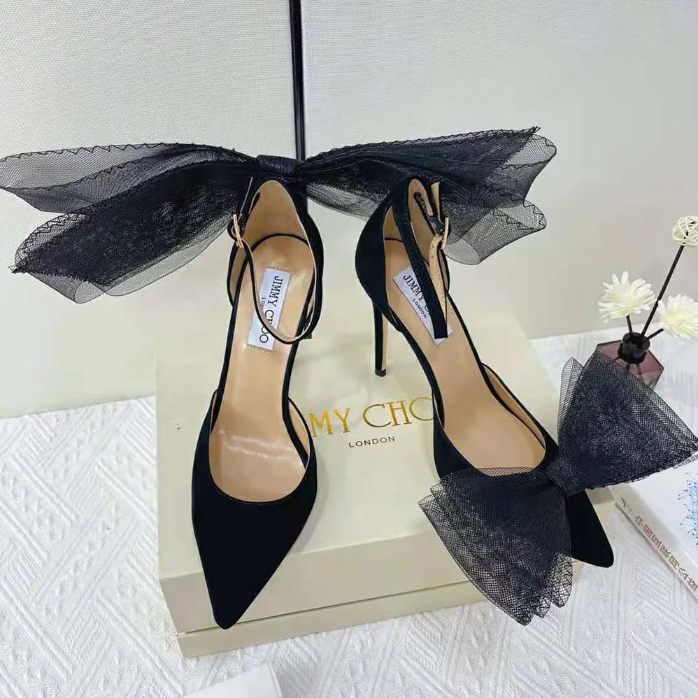 Jimmy Choo Averly 100 Black Pumps with Asymmetric Grosgrain Mesh Fascinator Bows for Women Jimmy Choo Averly 100 Black Pumps with Asymmetric Grosgrain Mesh Fascinator Bows for Women