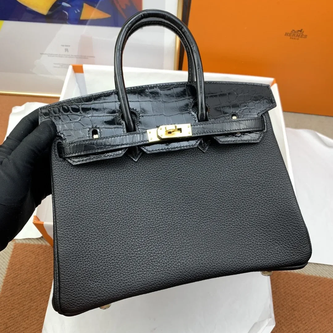 Hermes Birkin Top Handle Bag / Nata Togo Leather Black Gold Hardware
