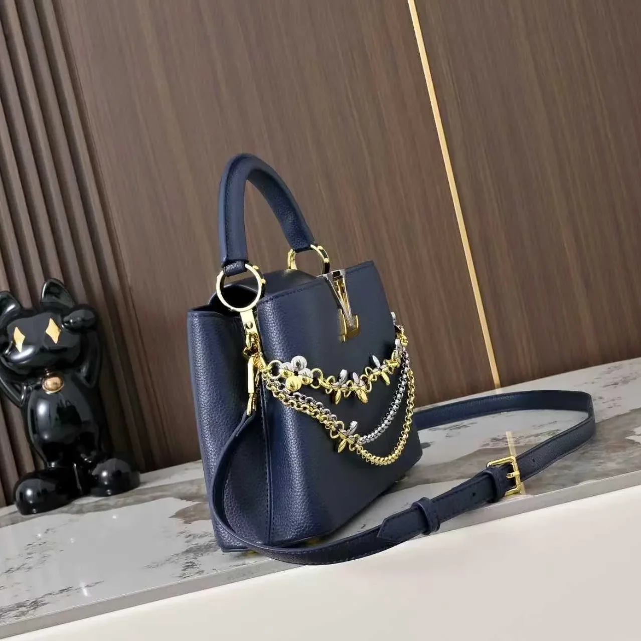 Louis Vuitton Capucines BB Top Handle Bag / Navy Blue Silver/ Gold Hardware Louis Vuitton Capucines BB Top Handle Bag / Navy Blue Silver/ Gold Hardware