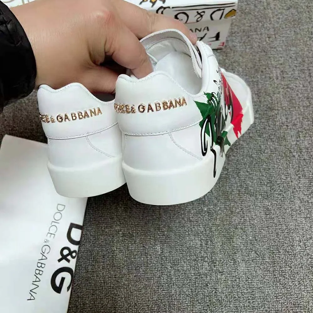 Dolce Gabbana D&G Calfskin Portofino Light Sneakers with Print for Women in White