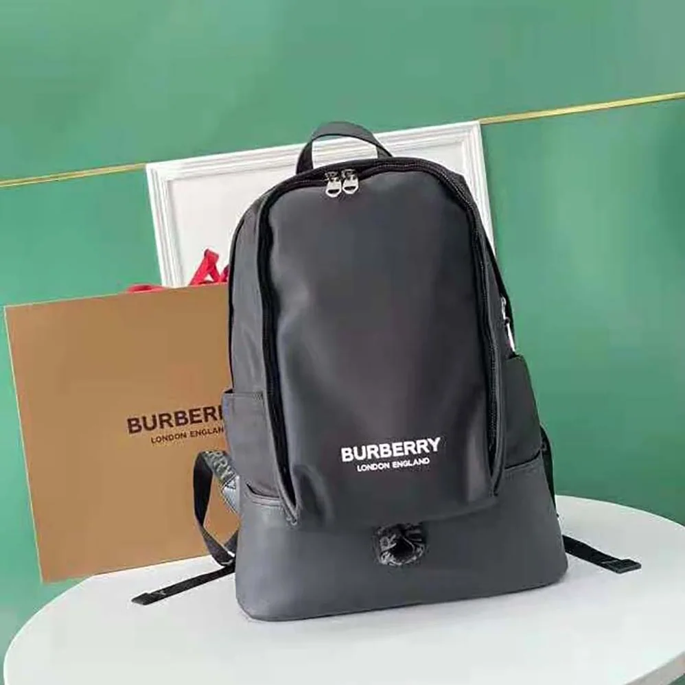 Burberry Large Logo Print Nylon and Leather Backpack for Women in Black