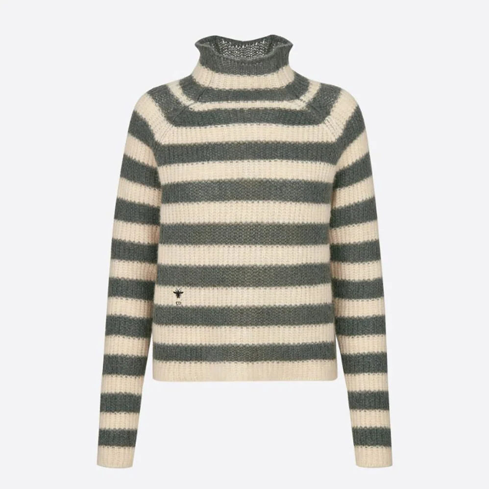 Dior Stand Collar Sweater Gray and Ecru D-Stripes Alpaca Cashmere and Silk Knit for Women Dior Stand Collar Sweater Gray and Ecru D-Stripes Alpaca Cashmere and Silk Knit for Women