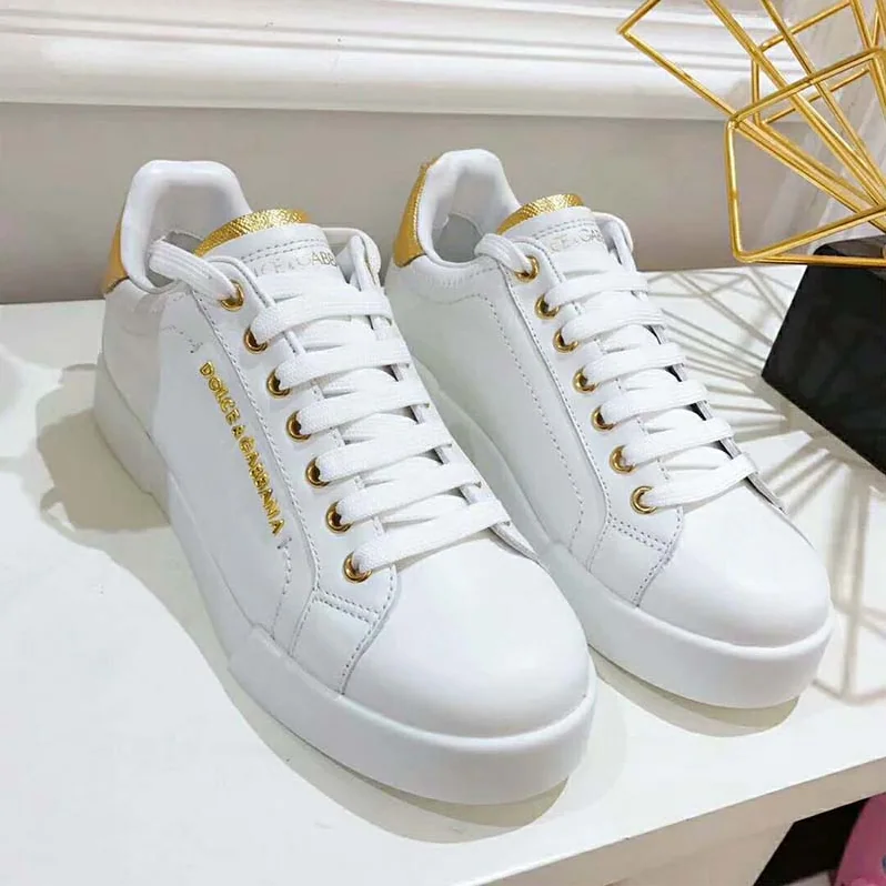 Dolce Gabbana D&G Shoes Leather Sneakers with Logo Bead for Women in White