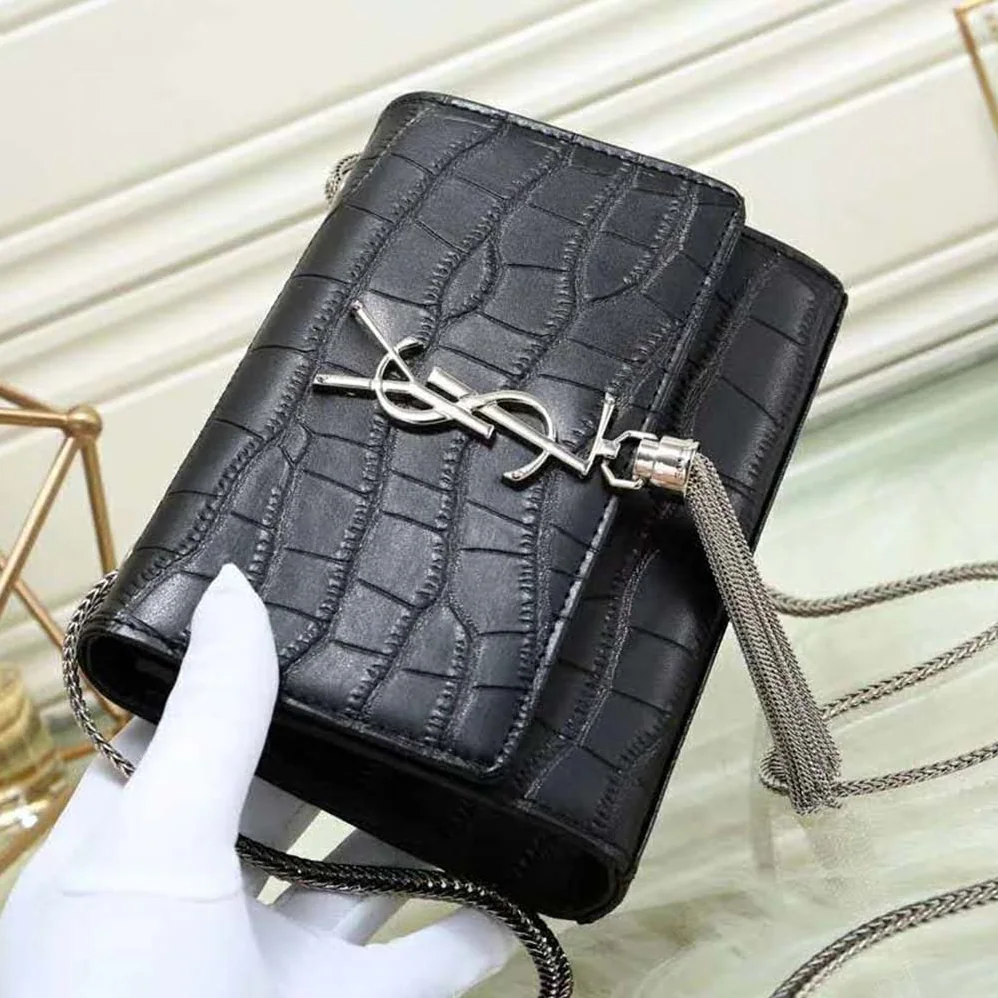 Saint Laurent YSL Kate Tassel Chain Wallet Crocodile Embossed for Women in Black Saint Laurent YSL Kate Tassel Chain Wallet Crocodile Embossed for Women in Black