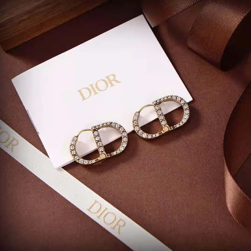 Dior 30 Montaigne Earrings Antique Gold-Finish Metal and White Crystals for Women