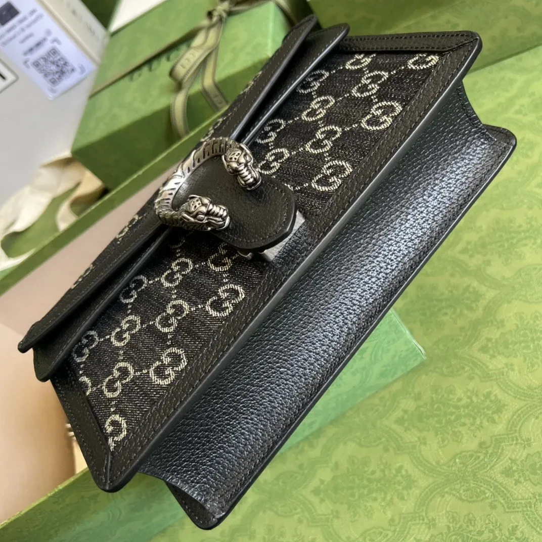 Gucci Dionysus Small Shoulder Bag / Black/ Ivory GG Denim Jacquard Antique Silver Hardware