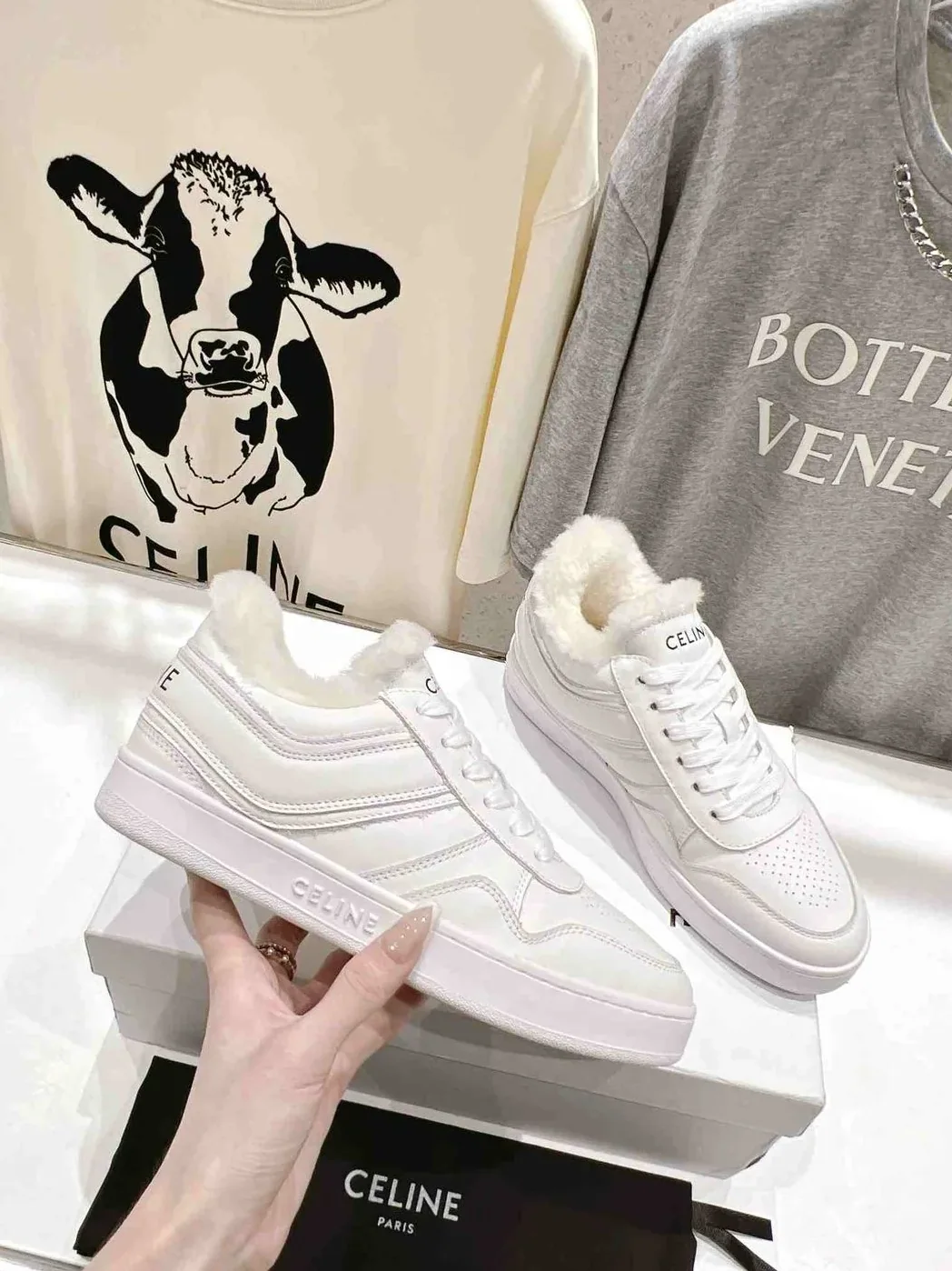 Celine Trainer Low Lace-Up Sneaker In Fur White Celine Trainer Low Lace-Up Sneaker In Fur White