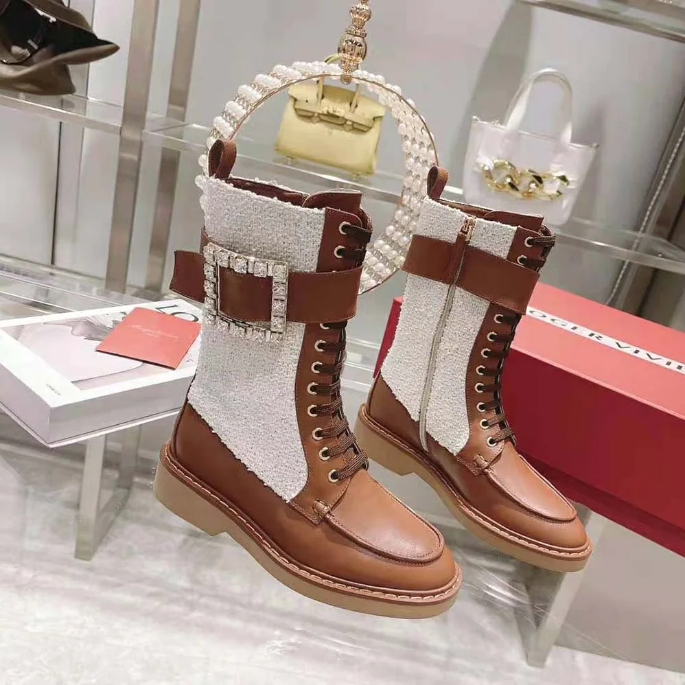 Roger Vivier Viv' Rangers Strass Buckle Boots in Fabrics for Women Roger Vivier Viv' Rangers Strass Buckle Boots in Fabrics for Women