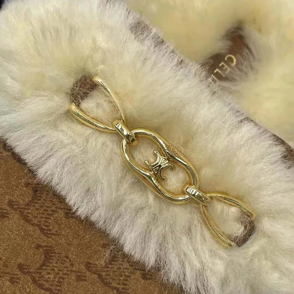 Celine Fur Slides Triomphe Closed Slipper in Suede Calfskin and Shearling for Women Celine Fur Slides Triomphe Closed Slipper in Suede Calfskin and Shearling for Women