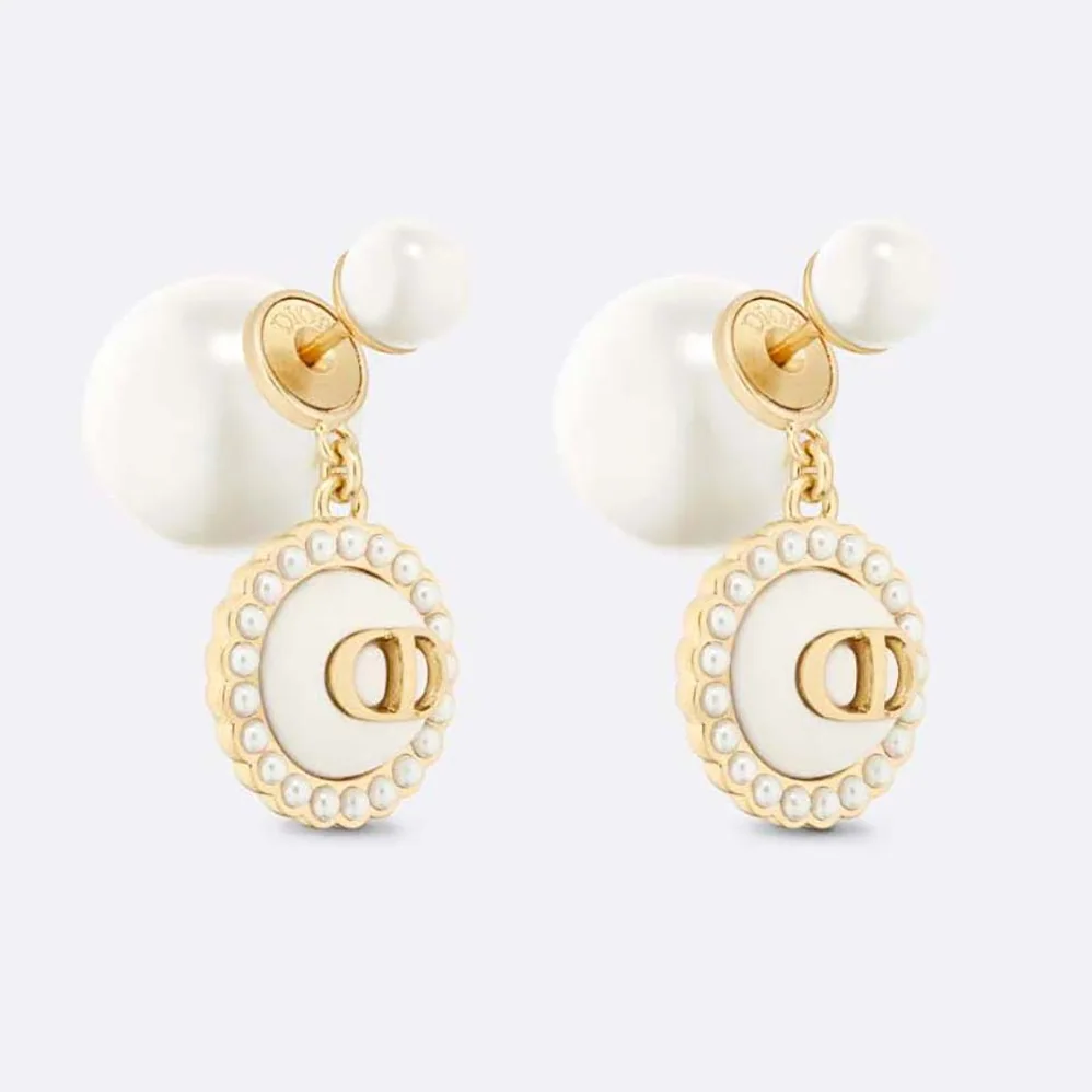 Dior Tribales Earrings Gold-Finish Metal with White Resin Pearls and Latte Glass for Women Dior Tribales Earrings Gold-Finish Metal with White Resin Pearls and Latte Glass for Women