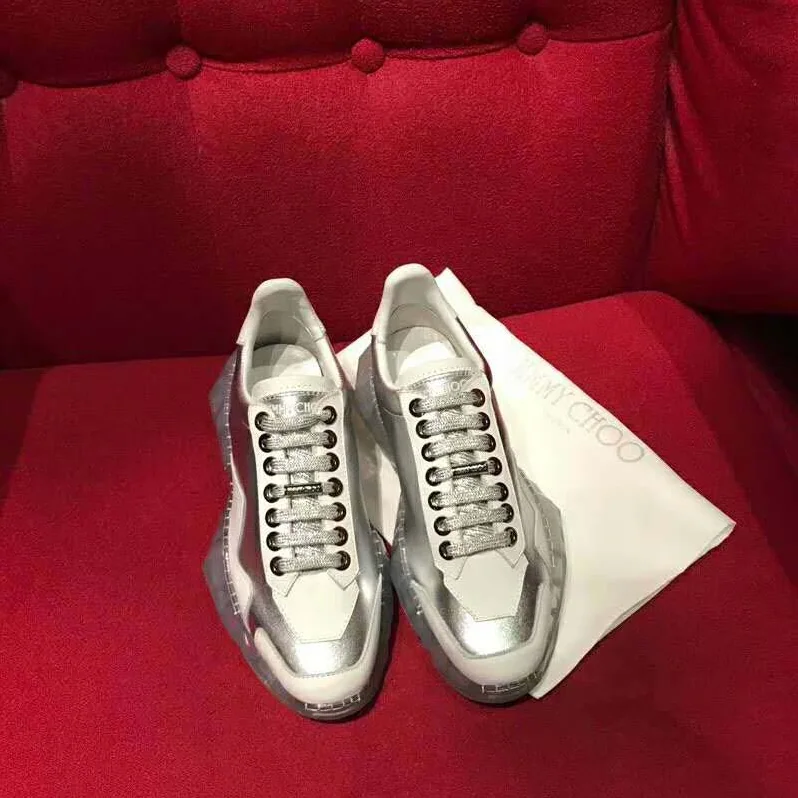 Jimmy Choo Shoes Diamond/F Silver Metallic Leather and White Calf Leather Low Top Trainers for Women Jimmy Choo Shoes Diamond/F Silver Metallic Leather and White Calf Leather Low Top Trainers for Women