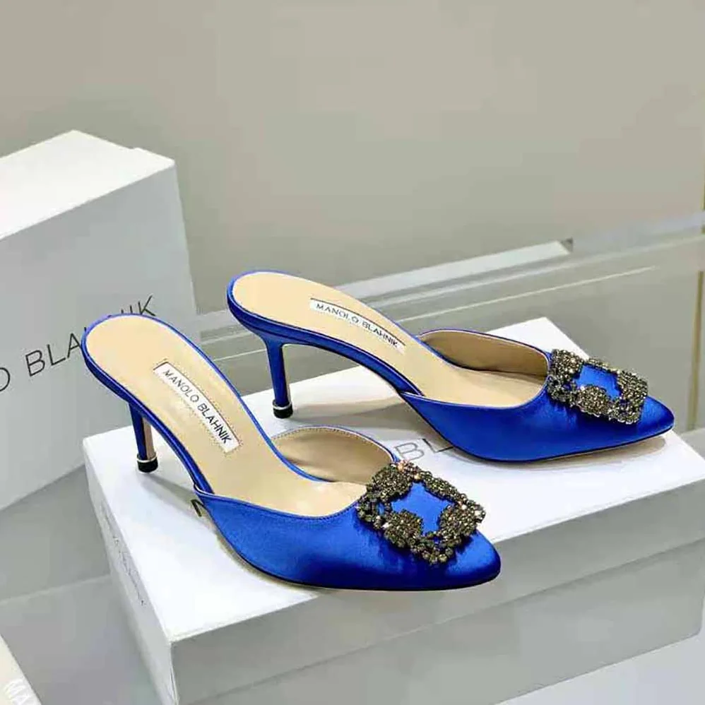 Manolo Blahnik Blue Satin Jewel Buckle Mules for Women Manolo Blahnik Blue Satin Jewel Buckle Mules for Women