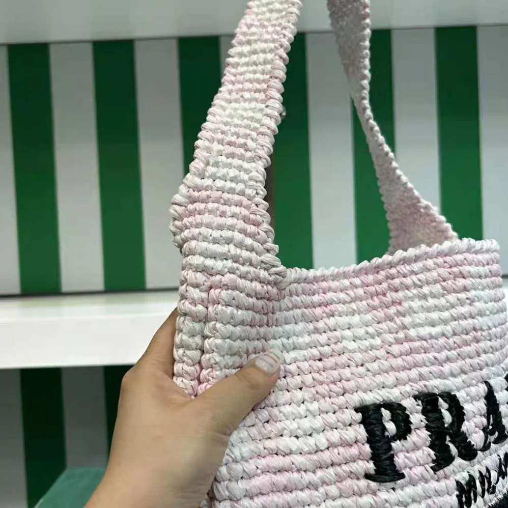 Prada Crochet Tote Bag with Embroidered Lettering Logo for Women in Pink