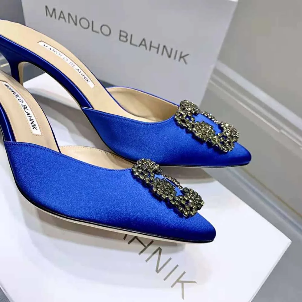 Manolo Blahnik Blue Satin Jewel Buckle Mules for Women Manolo Blahnik Blue Satin Jewel Buckle Mules for Women