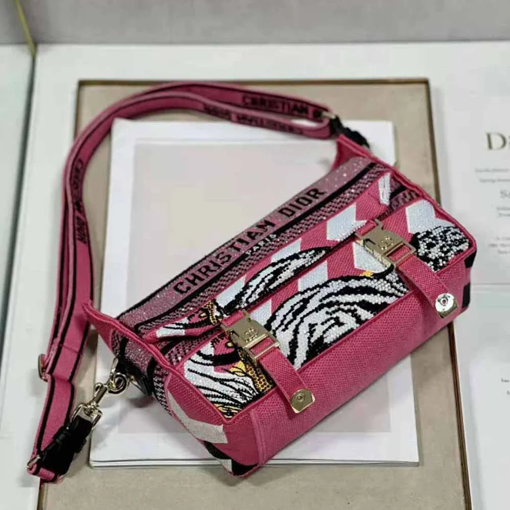 Dior Small Diorcamp Bag Pink Multicolor Toile de Jouy Zoom Technical Canvas with Strass for Women