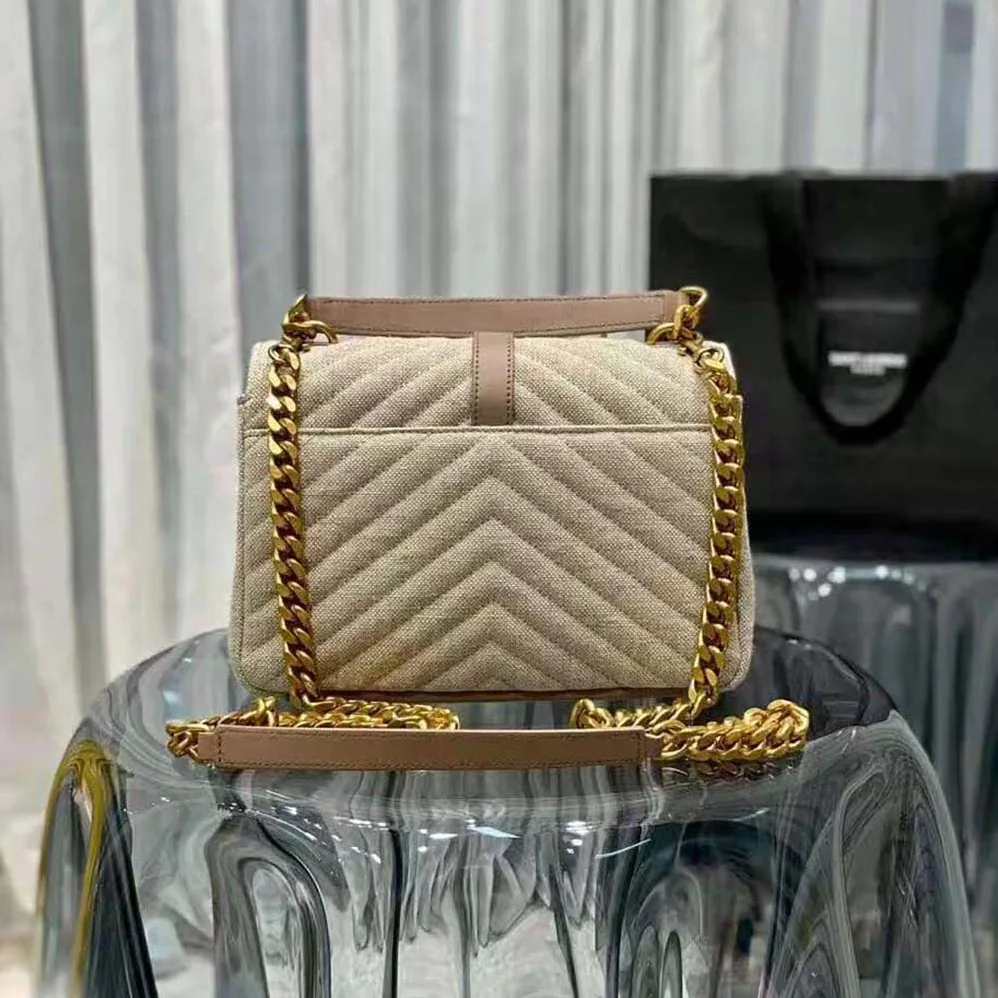 Saint Laurent YSL College Medium in Quilted Linen Canvas and Leather for Women