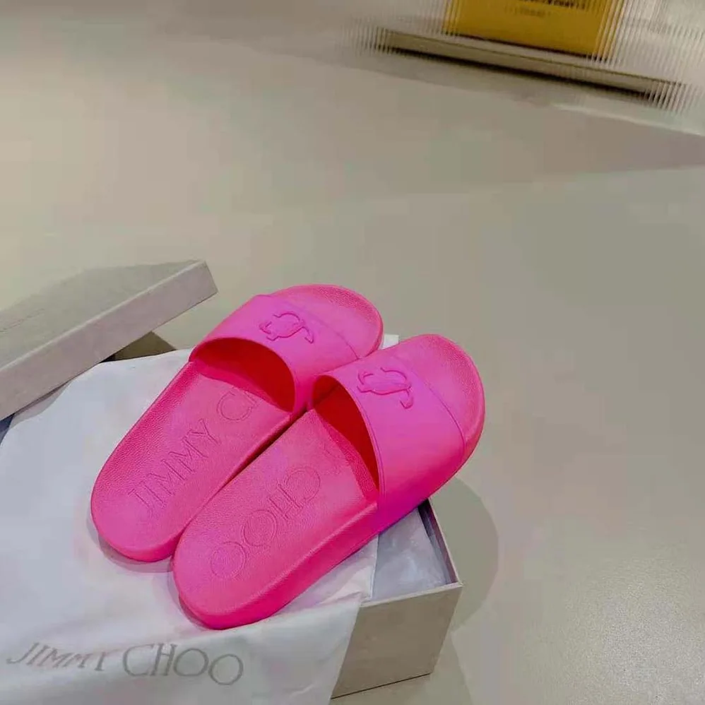 Jimmy Choo Port/F Neon Pink Rubber Slides with JC Monogram for Women Jimmy Choo Port/F Neon Pink Rubber Slides with JC Monogram for Women