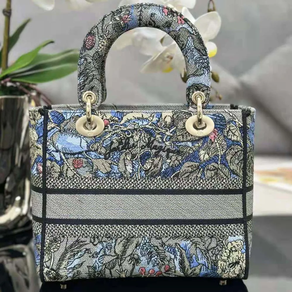 Dior Medium Lady D-lite Bag Denim Multicolor Dior Jardin Magique Embroidery for Women