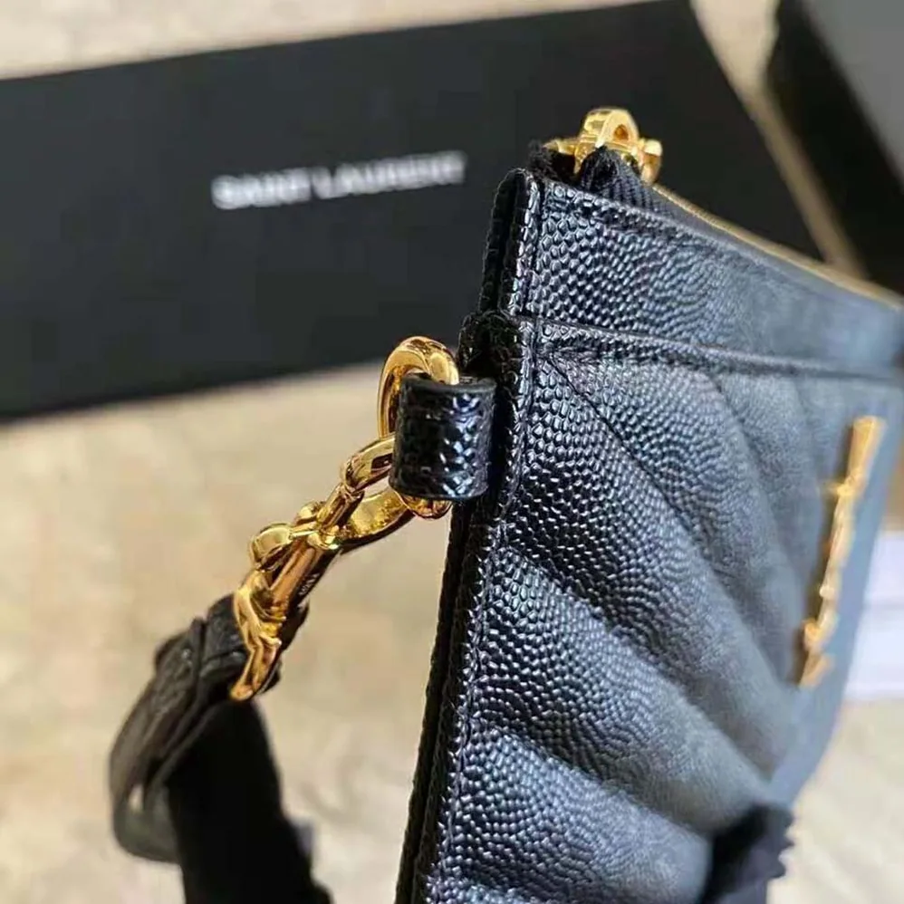 Saint Laurent YSL Large Monogram Bill Pouch in Grain DE Poudre Embossed Leather for Women in Black