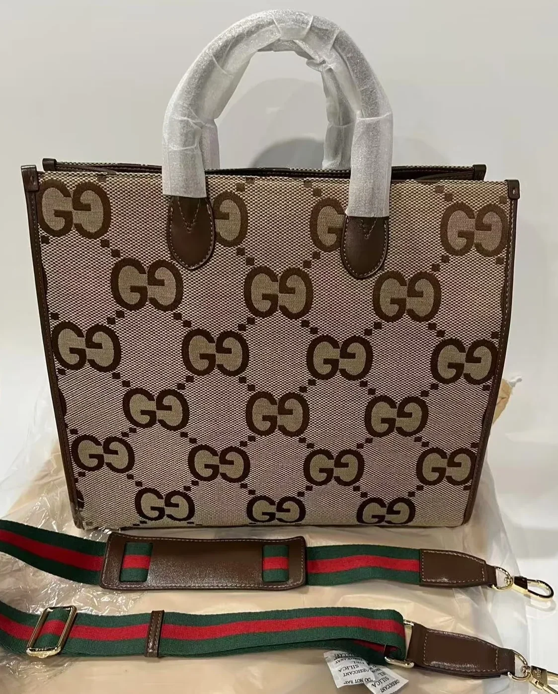 Gucci Tote Bag With Jumbo Camel And Ebony Jumbo GG Canvas / Gucci Tote Bag With Jumbo Camel And Ebony Jumbo GG Canvas /