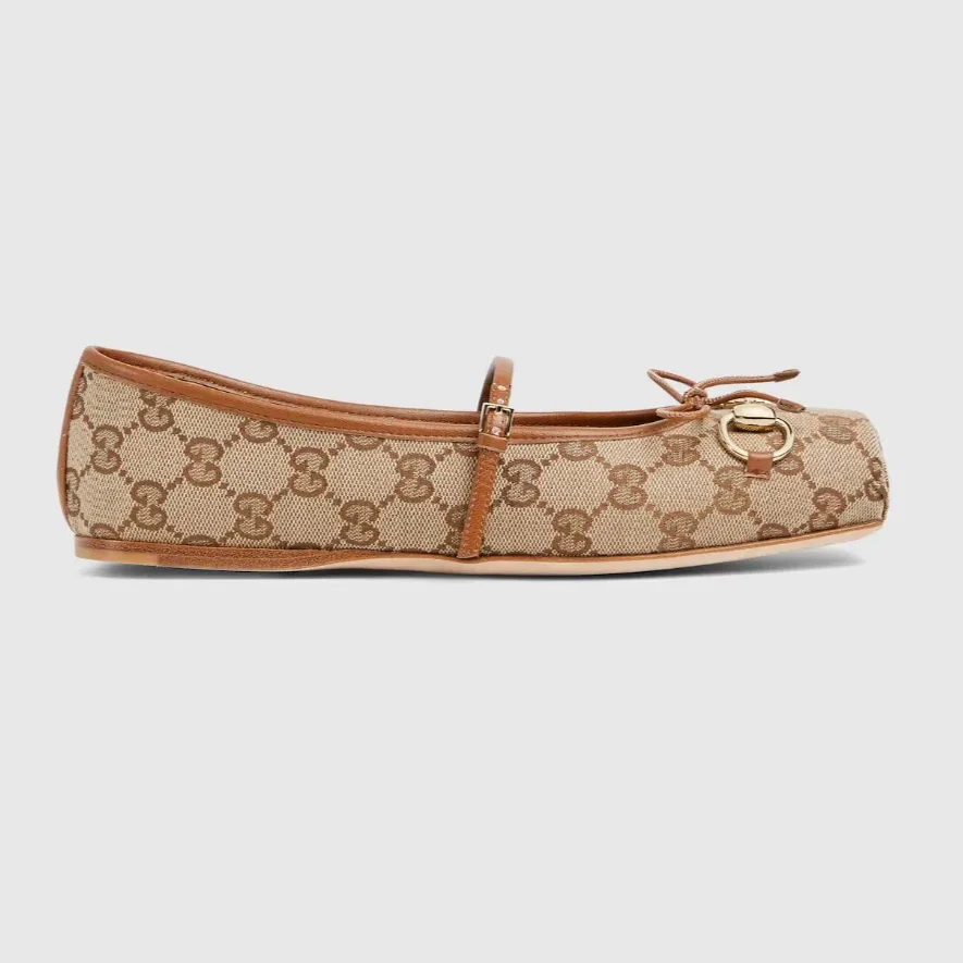 Gucci Horsebit Ballet Flats Beige in Dark Brown Canvas