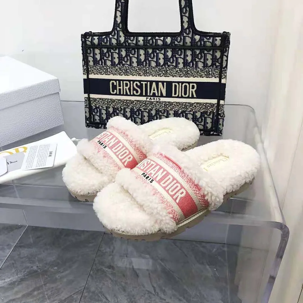 Dior Dway Slide Peony Pink Embroidered Cotton and White Shearling for Women