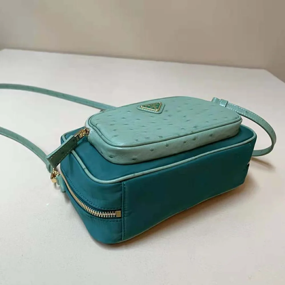 Prada Re-Nylon and Ostrich Leather Two-handle Bag for Women in Green Prada Re-Nylon and Ostrich Leather Two-handle Bag for Women in Green