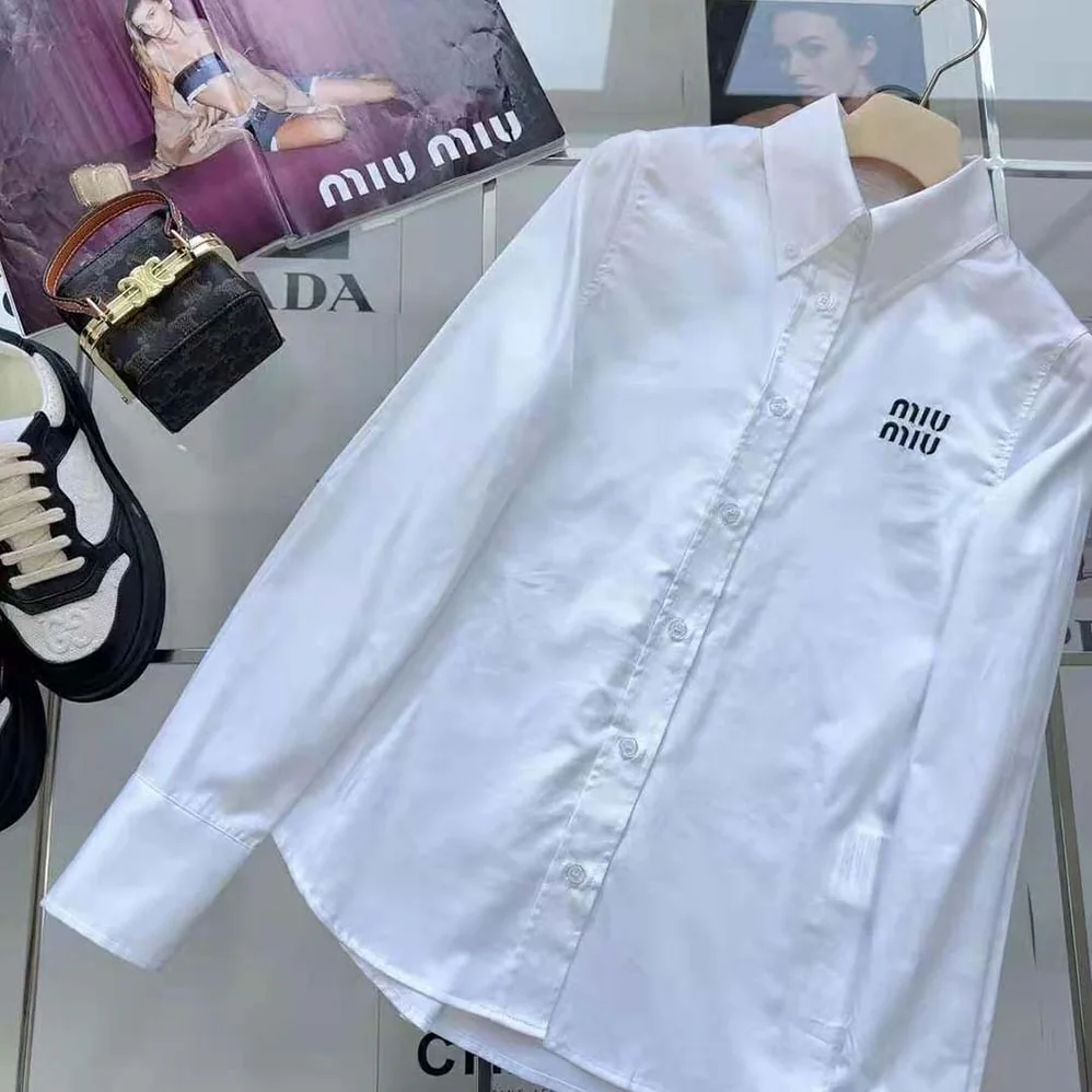 Miu Miu Cropped Poplin Shirt with Embroidered Logo for Women in White