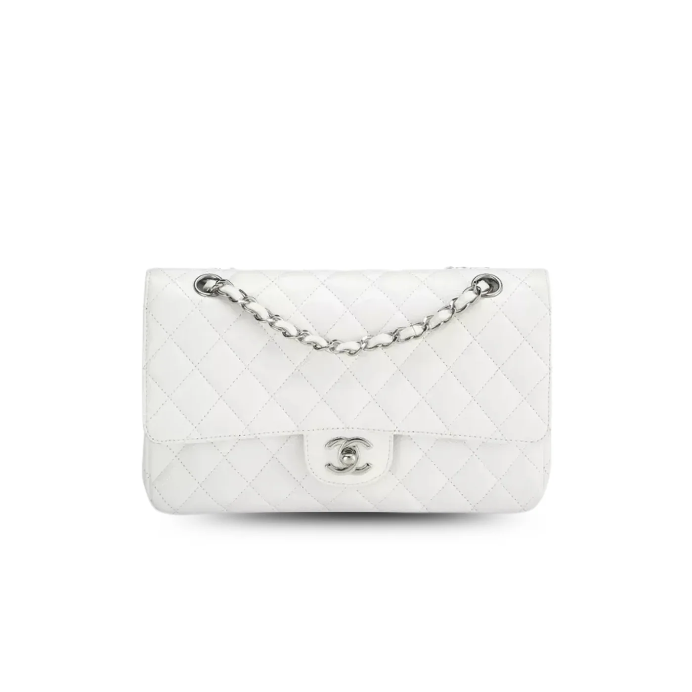 Chanel Classic Flap Bag Medium Crossbody in White Silver Hardware Chanel Classic Flap Bag Medium Crossbody in White Silver Hardware