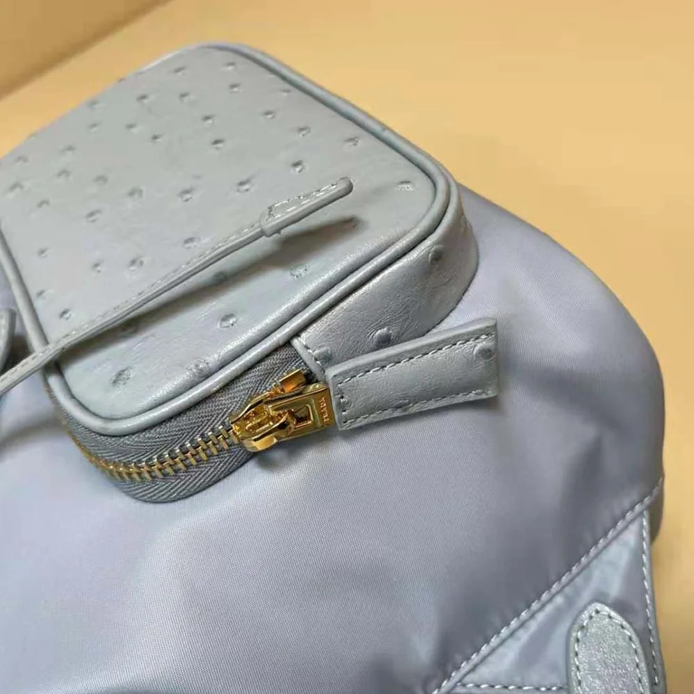 Prada Re-Nylon and Ostrich Leather Backpack for Women in Blue Prada Re-Nylon and Ostrich Leather Backpack for Women in Blue