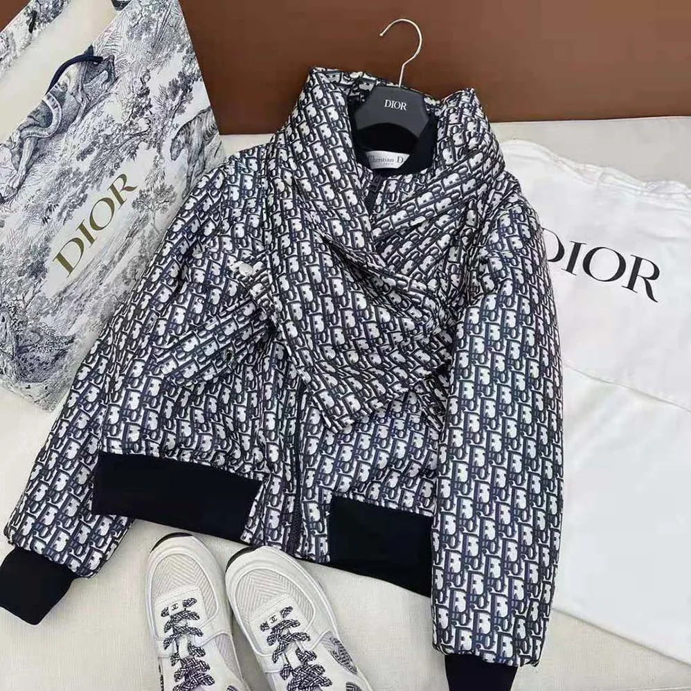 Dior Bomber Jacket with Criss Cross Collar Blue and Ecru Technical Taffeta Jacquard for Women Dior Bomber Jacket with Criss Cross Collar Blue and Ecru Technical Taffeta Jacquard for Women