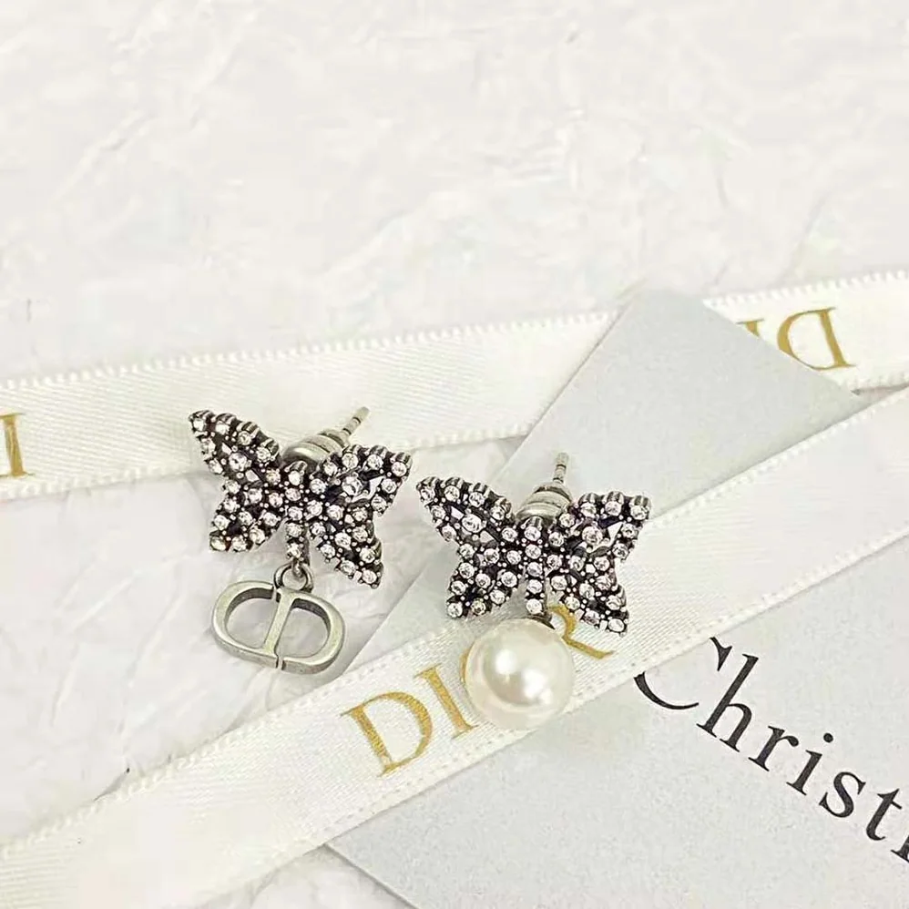 Dior Papillon De Nuit Earrings Antique Silver-Finish Metal with White Resin Pearl for Women