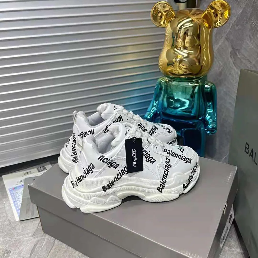 Balenciaga Triple S Logotype Sneaker in White and Black Technical Material for Women