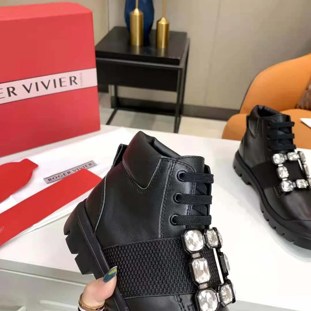 Roger Vivier Walky Viv' Lace Up Strass Buckle Booties in Leather for Women Roger Vivier Walky Viv' Lace Up Strass Buckle Booties in Leather for Women