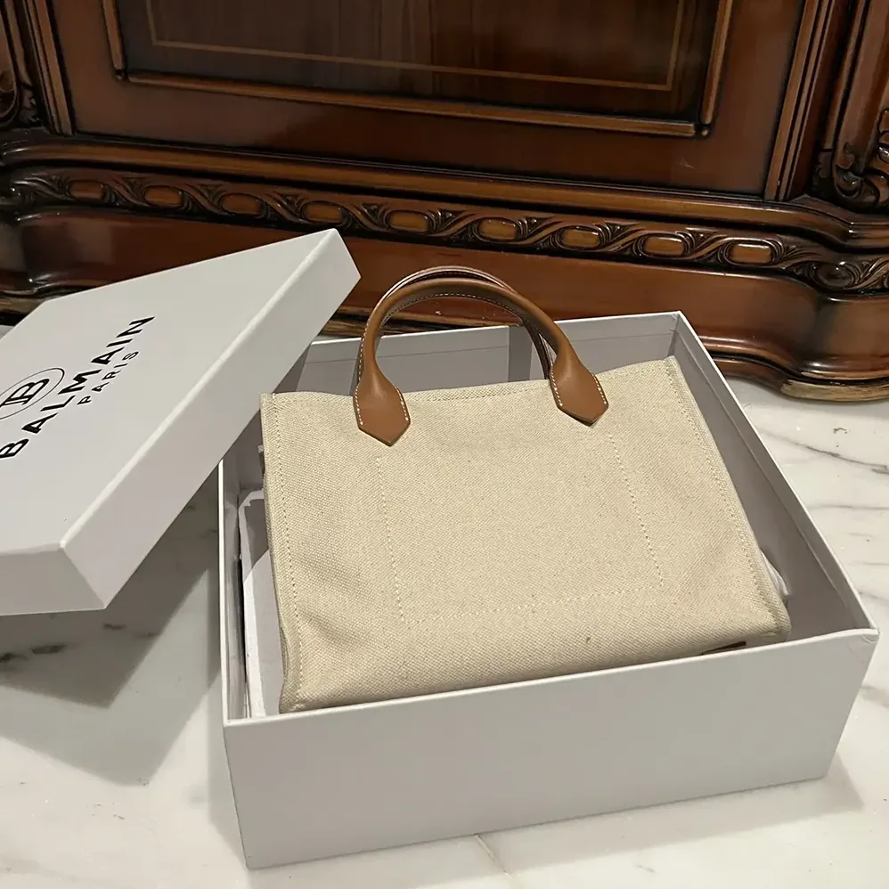 Balmain B-Army Small Canvas Shopping Bag with Leather Inserts for Women Balmain B-Army Small Canvas Shopping Bag with Leather Inserts for Women