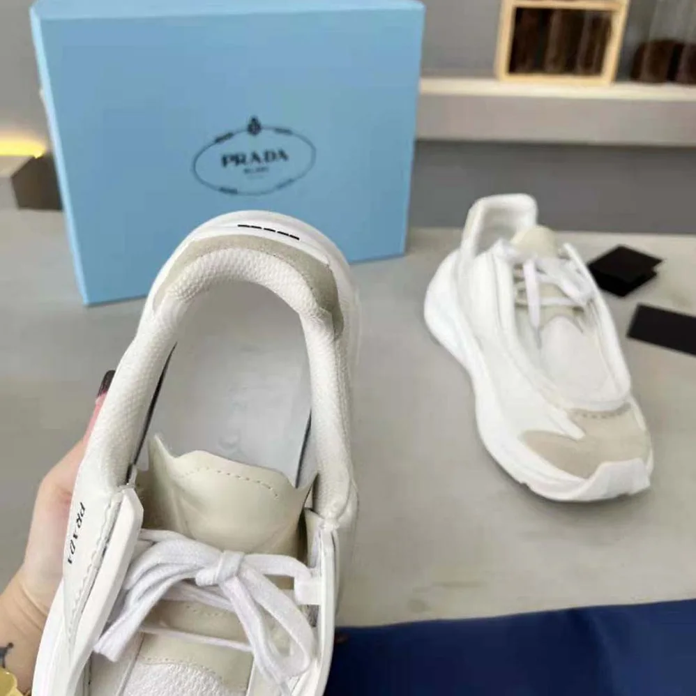 Prada Brushed Leather Sneakers with Bike Fabric and Suede Elements for Men in White Prada Brushed Leather Sneakers with Bike Fabric and Suede Elements for Men in White