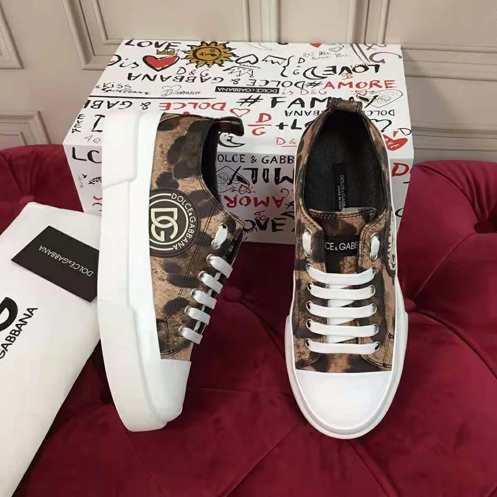 Dolce Gabbana D&G Cotton Drill Portofino Light Sneakers with Leopard Print and DG Logo for Women