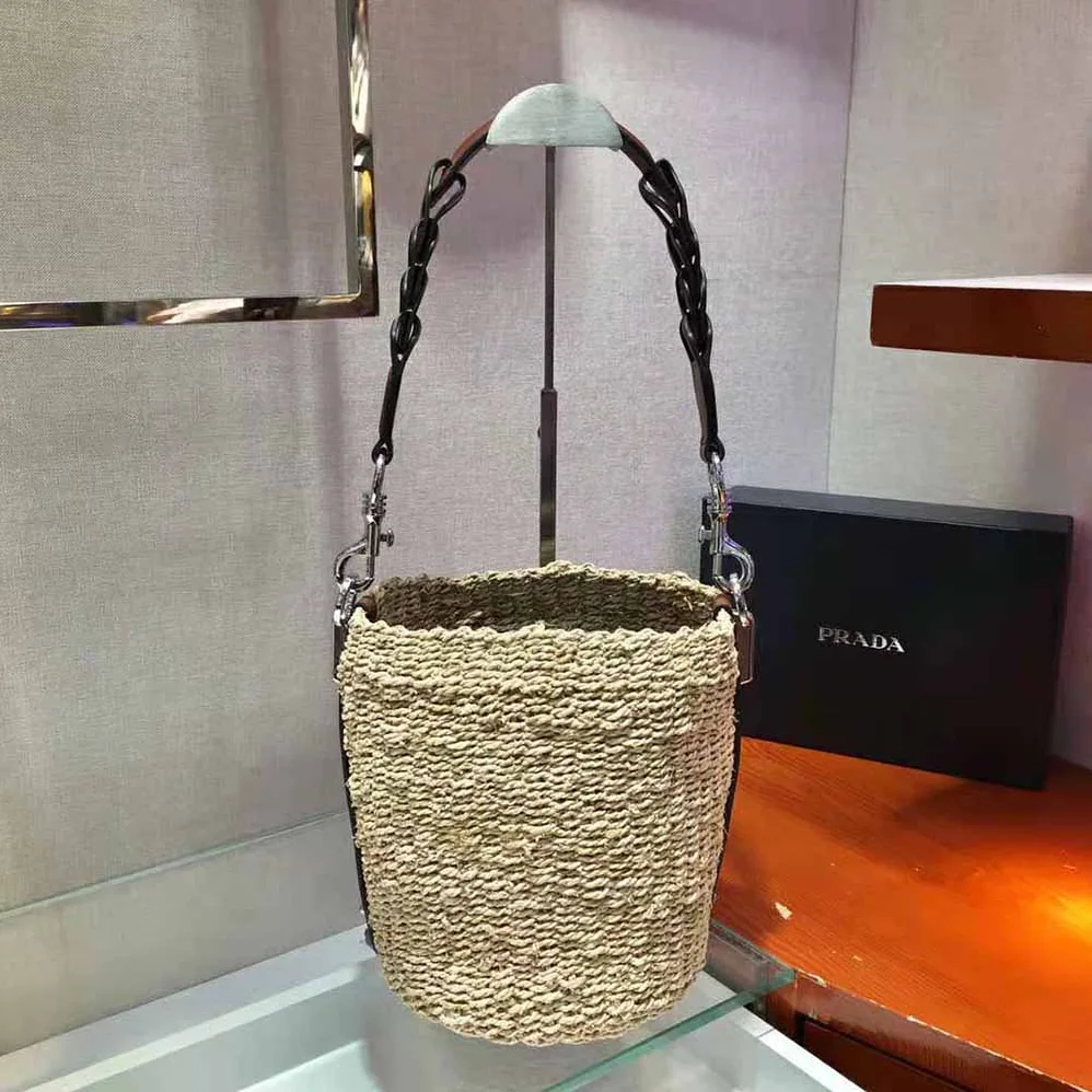 Prada Corn Husk and Leather Bucket Bag for Women