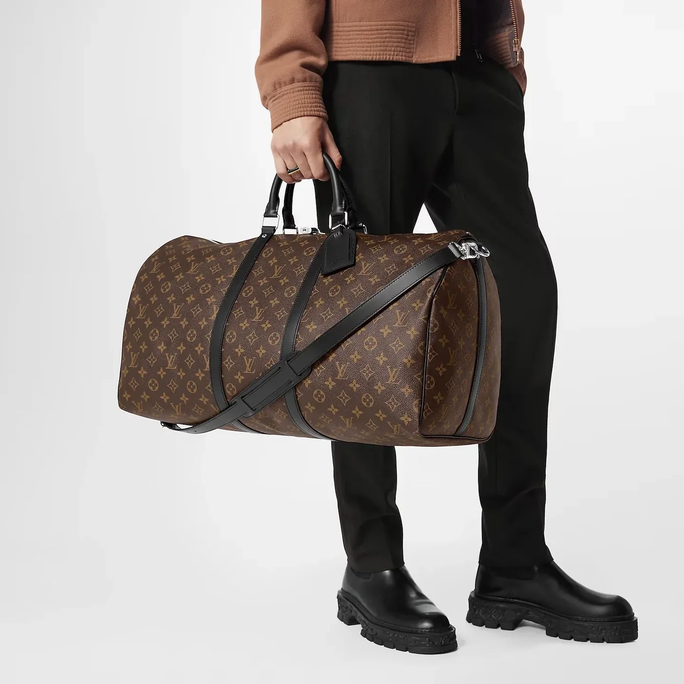 Louis Vuitton Keepall Bandouliere 55 Travel Bag in Brown Monogram Silver Hardware Louis Vuitton Keepall Bandouliere 55 Travel Bag in Brown Monogram Silver Hardware